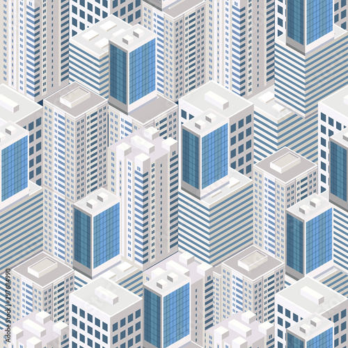 Seamless pattern isometric urban megalopolis top view of the city infrastructure town, street, houses, architecture 3d elements different buildings