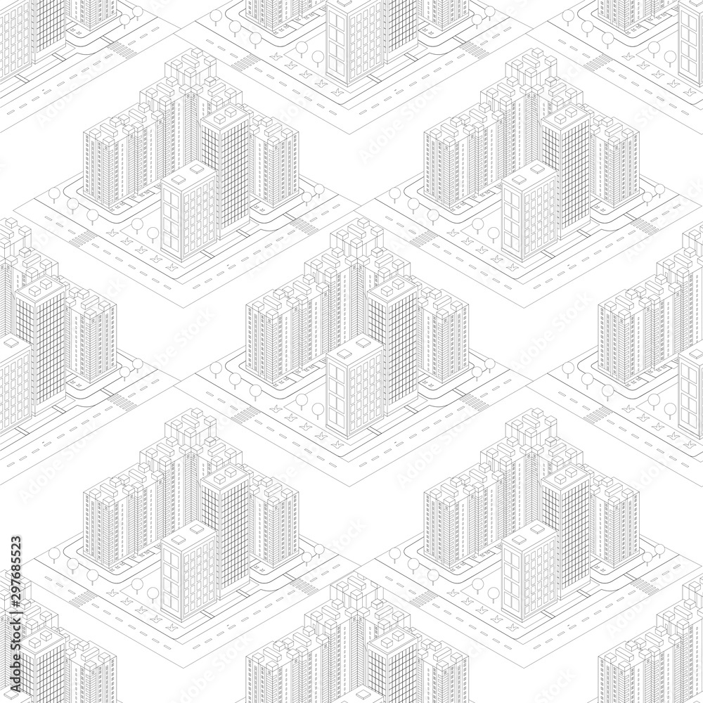 Seamless pattern isometric urban megalopolis top view of the city infrastructure town, street, houses, architecture 3d elements different buildings