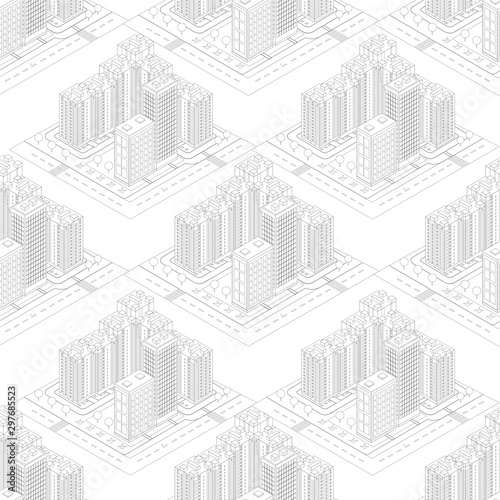 Seamless pattern isometric urban megalopolis top view of the city infrastructure town, street, houses, architecture 3d elements different buildings