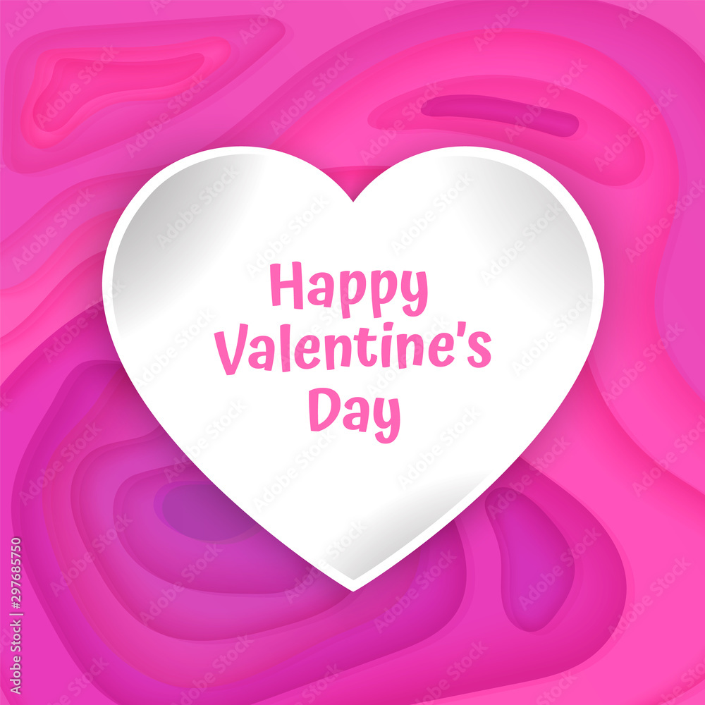 Happy Valentines Day card, with background with deep pink color paper cut design, Vector illustration