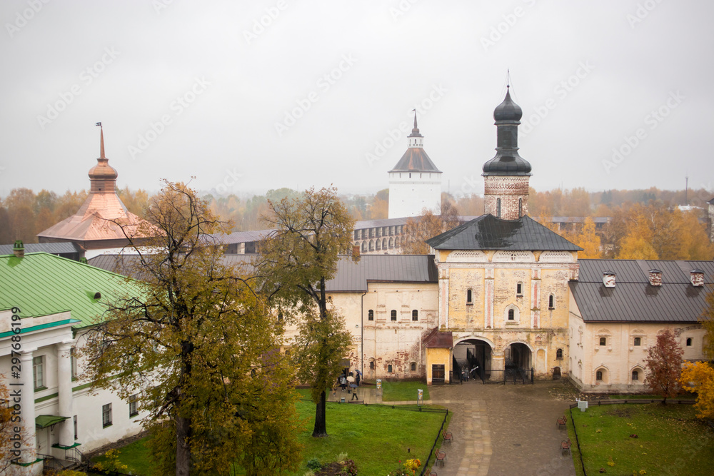 Kirillov, Russia - September 18, 2019: Kirillo-Belozersky Monastery. Largest monastery of Northern Russia in a bad weather