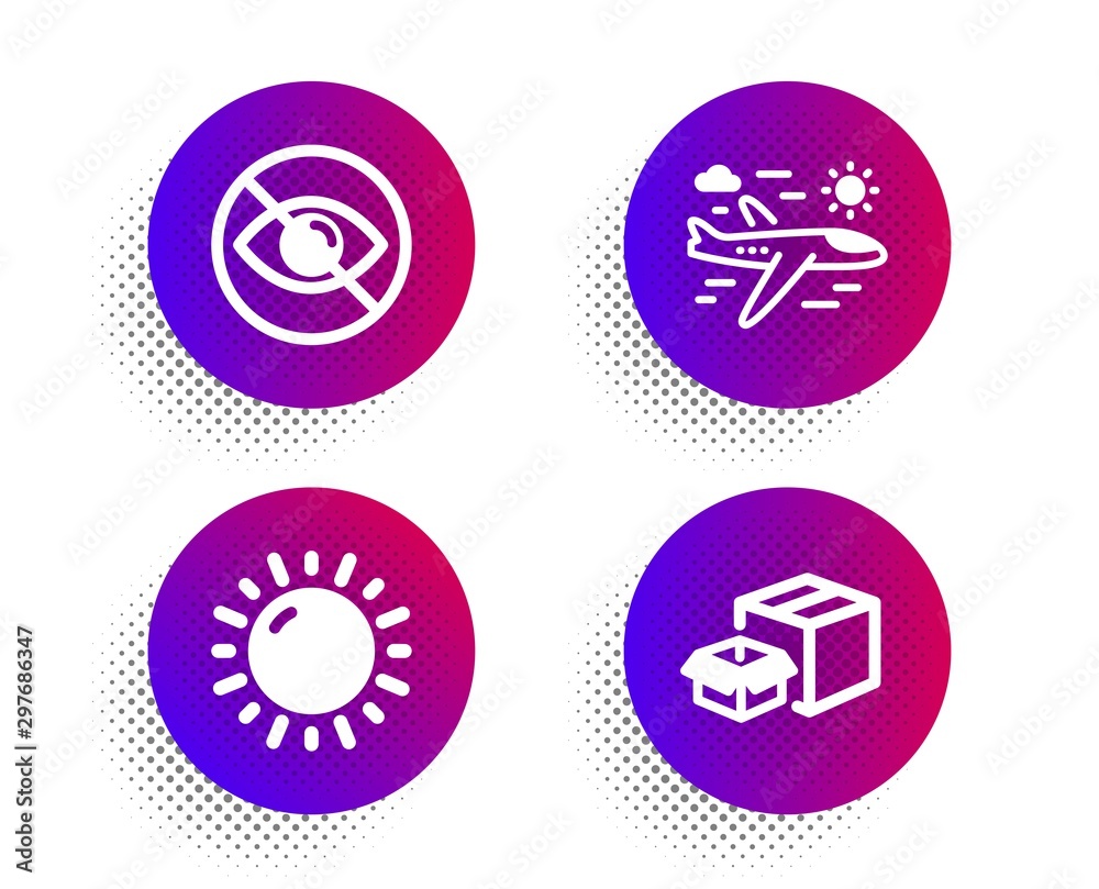 Not looking, Sunny weather and Airplane travel icons simple set. Halftone dots button. Packing boxes sign. Eye care, Sun, Trip flight. Delivery box. Business set. Classic flat not looking icon. Vector