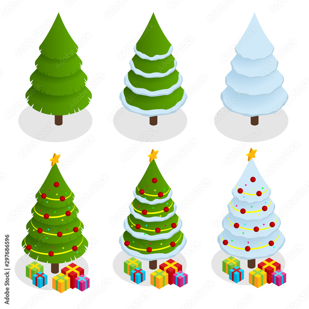 Isometric Christmas tree set. Decorated christmas tree with gift boxes, star, lights, decoration balls and lamps. Flat isolated illustration.