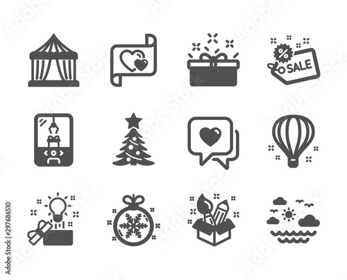 Set of Holidays icons, such as Travel sea, Creative idea, Christmas ball, Love letter, Creativity, Heart, Christmas tree, Sale, Present box, Air balloon, Crane claw machine, Circus tent. Vector