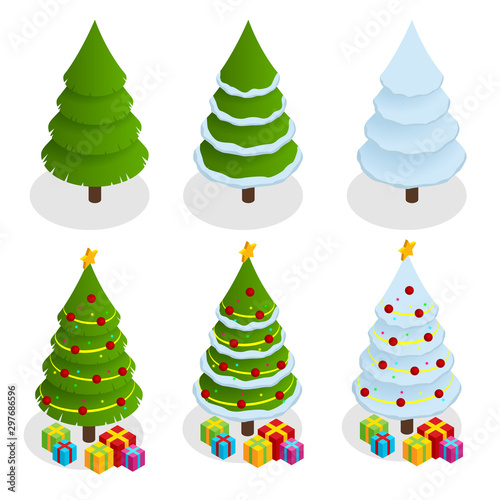 Isometric Christmas tree set. Decorated christmas tree with gift boxes, star, lights, decoration balls and lamps. Flat isolated illustration.