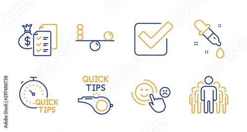 Tutorials, Quick tips and Accounting wealth line icons set. Checkbox, Customer satisfaction and Chemistry pipette signs. Balance, Group symbols. Quick tips, Helpful tricks. Education set. Vector
