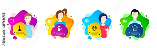 Plunger, Hold t-shirt and Washing cleanser icons simple set. People shapes timeline. Clean t-shirt sign. Clogged pipes cleaner, Laundry shirt, Housekeeping spray. Cleaning set. Vector