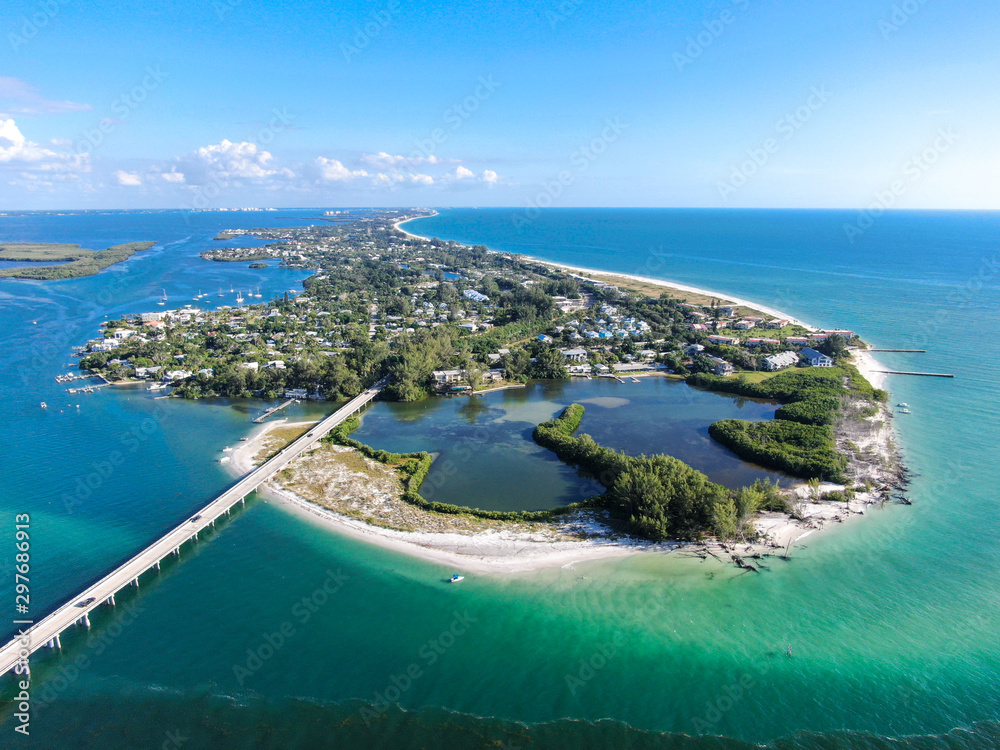 Aerial view of Longboat Key town and beaches in Manatee and Sarasota counties along the central west coast of the U.S. state of Florida,