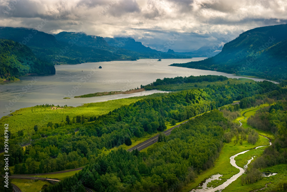Columbia River Gorge between Oregon and Washington, as viewed from the historic Vista House on Crown Point. Interstate 84 visible in foreground.