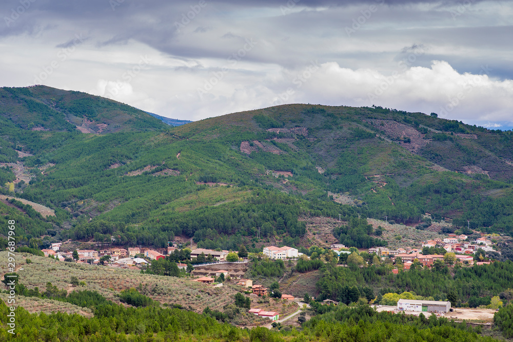 Caminomorisco, town surrounded by pine trees in Las Hurdes, Spain