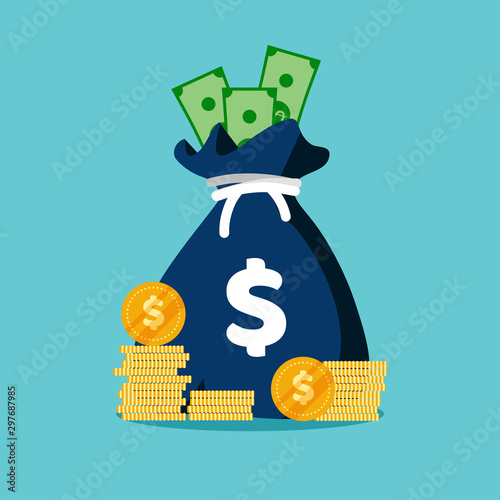 Money bag flat icon. Moneybag simple cartoon infographics isolated on blue background. Money case with US dollar sign. Vector illustration.
