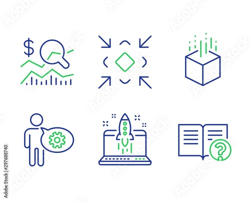 Augmented reality, Cogwheel and Minimize line icons set. Check investment, Start business and Help signs. Virtual reality, Engineering tool, Small screen. Business report. Technology set. Vector