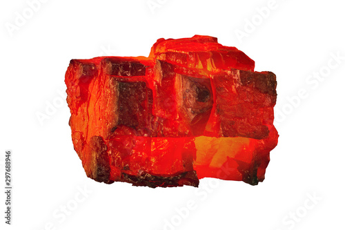 Red hot coal bar isolated on white background. Red burning coal mine isolated on white close up. Raw coal nugget on fire for power and fuel  industry