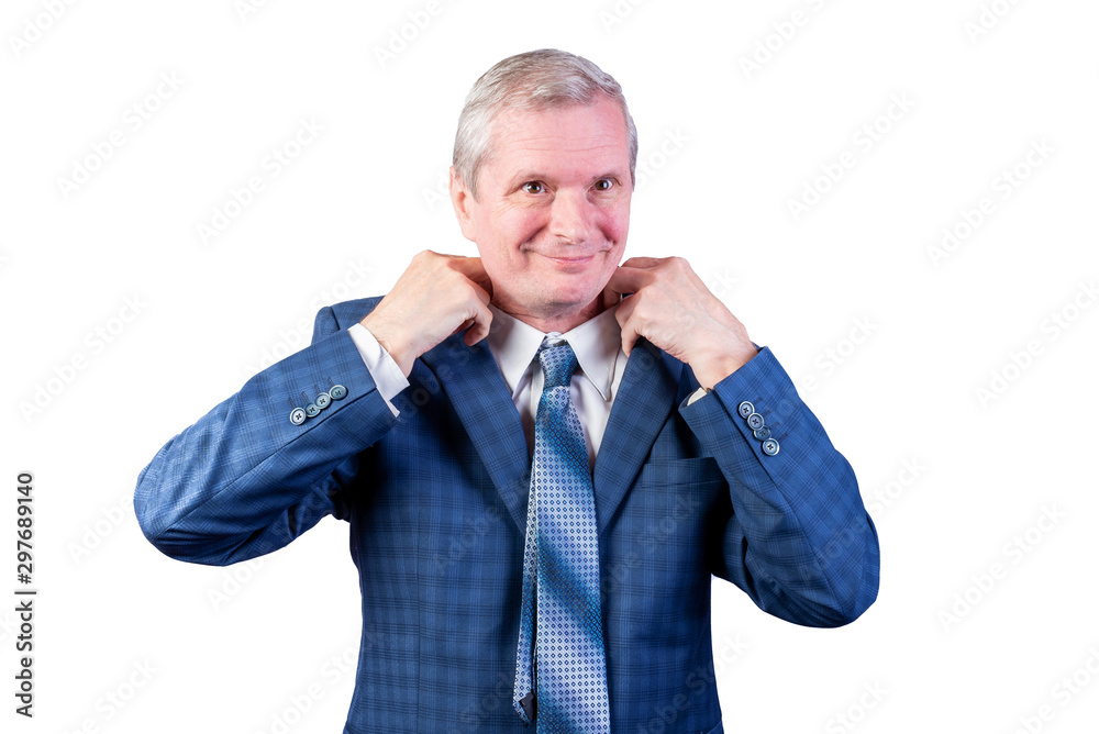An elderly man straightens, knots a tie. Isolated on a white background. An elderly man straightens, knots a tie. Isolated on a white background.