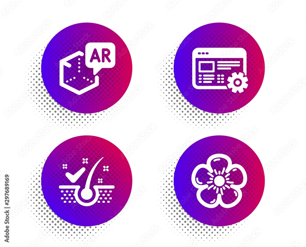 Augmented reality, Anti-dandruff flakes and Web settings icons simple set. Halftone dots button. Natural linen sign. Virtual reality, Healthy hair, Engineering tool. Organic tested. Vector Augmented reality, Anti-dandruff flakes and Web settings icons simple set. Halftone dots button. Natural linen sign. Virtual reality, Healthy hair, Engineering tool. Organic tested. Vector