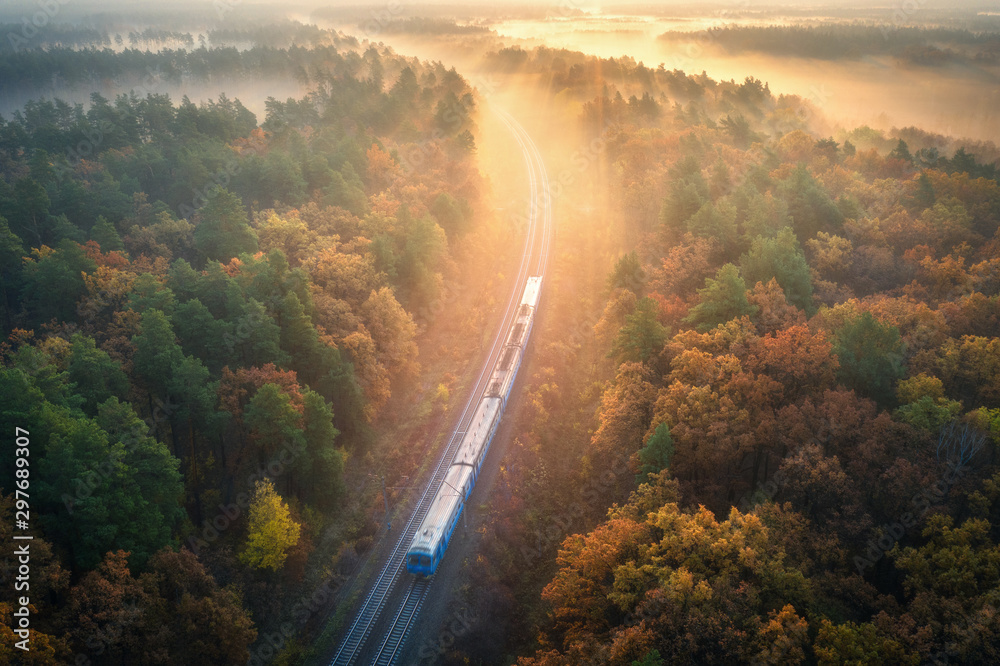 Train in beautiful forest in fog at sunrise in autumn. Aerial view of moving commuter train in fall. Colorful landscape with railroad, foggy trees with orange leaves, mist. Top view. Railway station