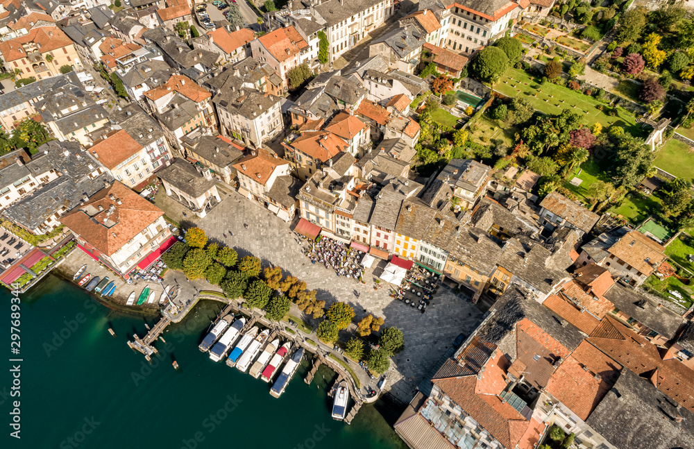 Aerial View of Orta San Giulio village located on the shore of Lake Orta, Italy