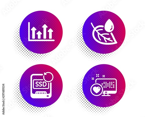 Leaf dew, Upper arrows and Recovery ssd icons simple set. Halftone dots button. Heart sign. Water drop, Growth infochart, Backup info. Social media. Business set. Classic flat leaf dew icon. Vector