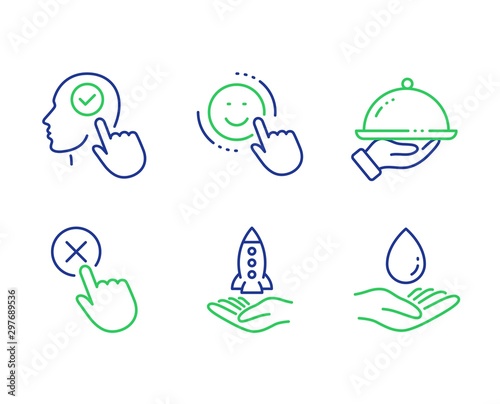 Reject click, Crowdfunding and Smile line icons set. Select user, Restaurant food and Water care signs. Delete button, Start business, Positive feedback. Head with checkbox. People set. Vector
