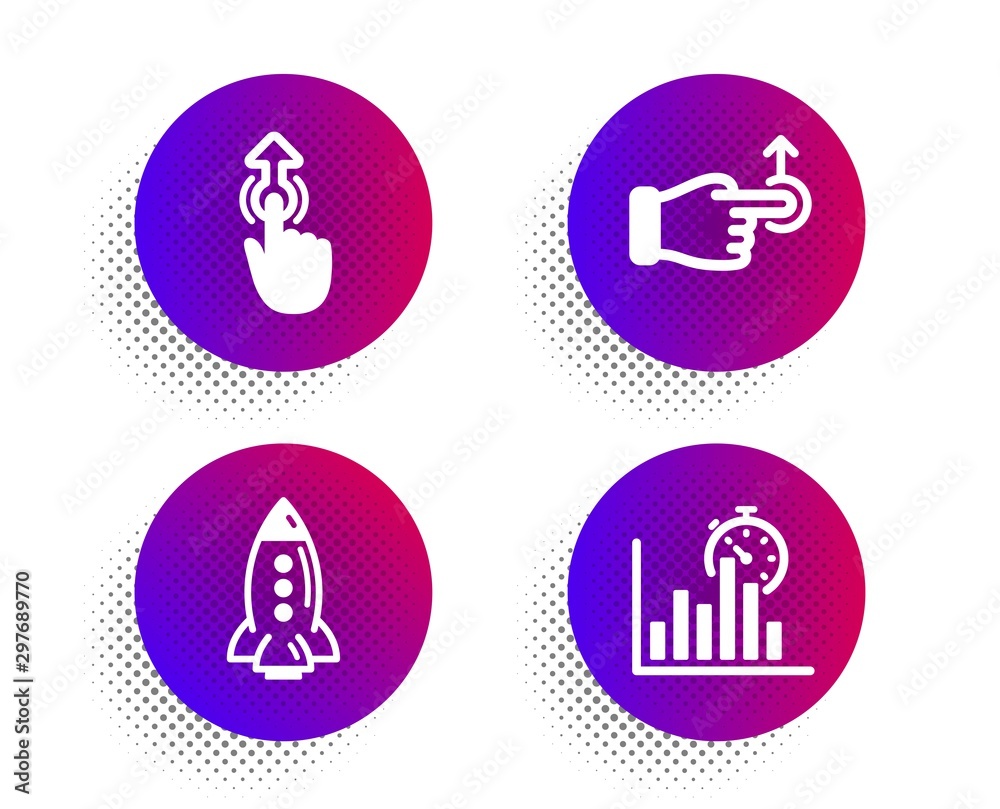 Rocket, Swipe up and Drag drop icons simple set. Halftone dots button. Report timer sign. Spaceship, Touch technology, Move. Growth chart. Technology set. Classic flat rocket icon. Vector Rocket, Swipe up and Drag drop icons simple set. Halftone dots button. Report timer sign. Spaceship, Touch technology, Move. Growth chart. Technology set. Classic flat rocket icon. Vector