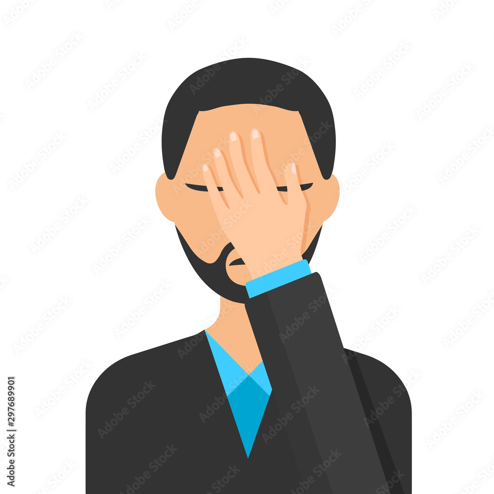 Flat style of man with a gestures facepalm expression. Man with hand flopping her forehead. Headache, disappointment or shame. Epic fail emotion. Isolated vector illustration. Flat style of man with a gestures facepalm expression. Man with hand flopping her forehead. Headache, disappointment or shame. Epic fail emotion. Isolated vector illustration.