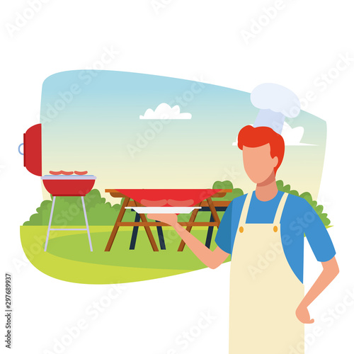 avatar man with chef hat and cooking in a bbq grill