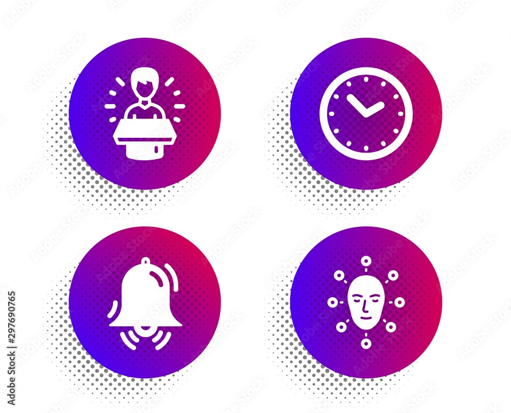 Brand ambassador, Time and Clock bell icons simple set. Halftone dots button. Face biometrics sign. Man speak, Clock, Alarm. Facial recognition. Technology set. Vector Brand ambassador, Time and Clock bell icons simple set. Halftone dots button. Face biometrics sign. Man speak, Clock, Alarm. Facial recognition. Technology set. Vector