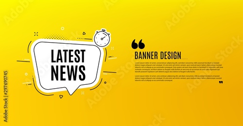 Latest news symbol. Yellow banner with chat bubble. Media newspaper sign. Daily information. Coupon design. Flyer background. Hot offer banner template. Bubble with latest news text. Vector