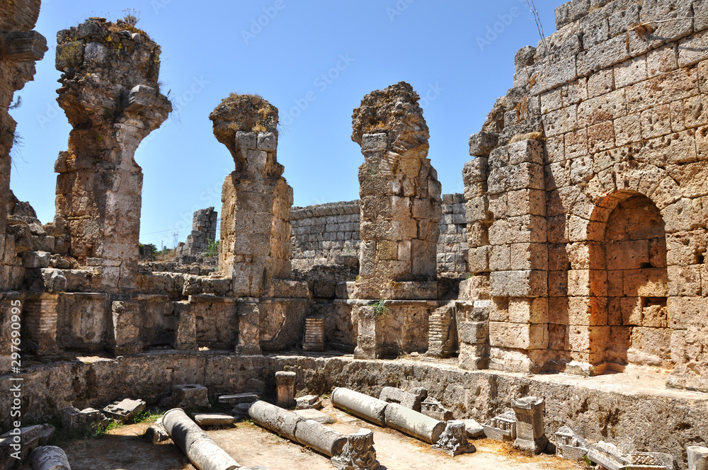 Ruins of the ancient Greek city Perge. View of archaeological site. Antalya Province, Turkey.