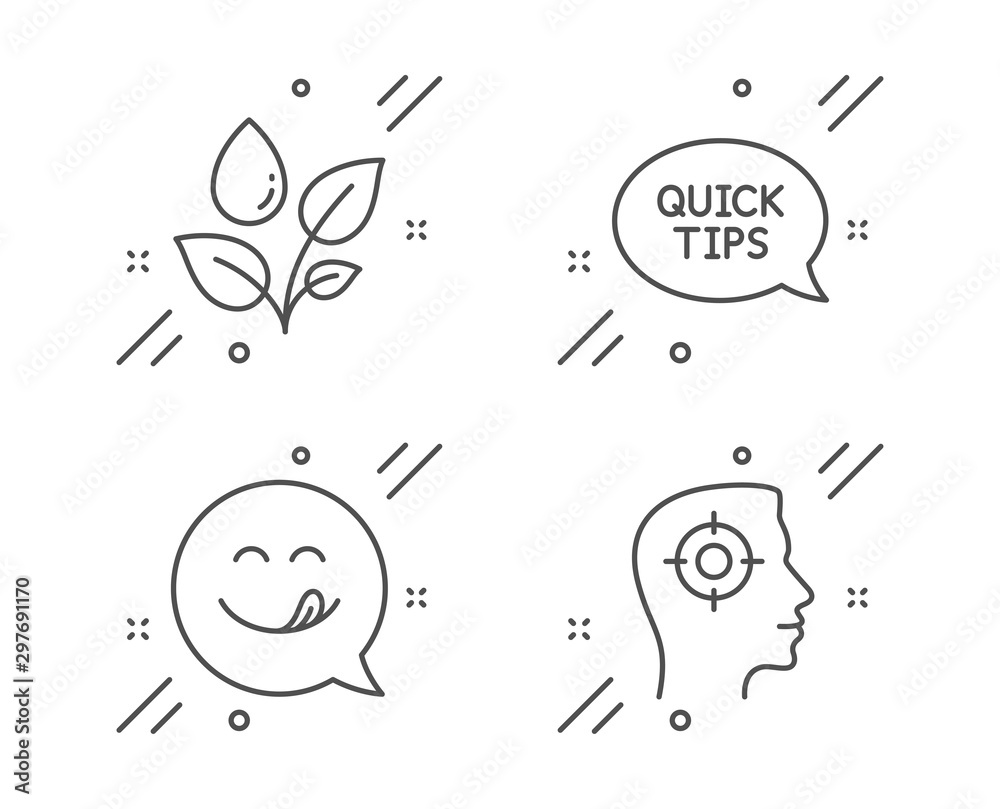 Quickstart guide, Plants watering and Yummy smile line icons set. Recruitment sign. Helpful tricks, Water drop, Emoticon. Headhunter aim. Business set. Line quickstart guide outline icon. Vector