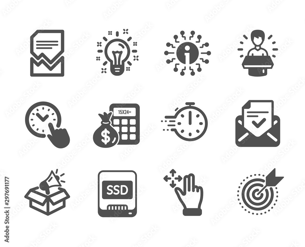 Fototapeta premium Set of Technology icons, such as Brand ambassador, Megaphone box, Target purpose, Approved mail, Move gesture, Time management, Info, Ssd, Cooking timer, Corrupted file, Idea. Vector