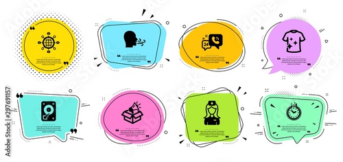 Logistics network, 24h service and Time line icons set. Chat bubbles with quotes. Breathing exercise, Hospital nurse and Hdd signs. Clean t-shirt, Megaphone box symbols. Vector