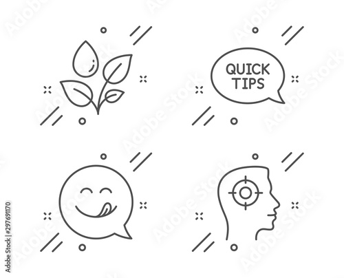 Quickstart guide, Plants watering and Yummy smile line icons set. Recruitment sign. Helpful tricks, Water drop, Emoticon. Headhunter aim. Business set. Line quickstart guide outline icon. Vector
