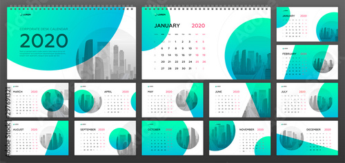 Desktop Calendar 2020 template for business and construction. Week starts on Monday. Set of 12 calendar pages designs print layout. Wall calendar planner templates.