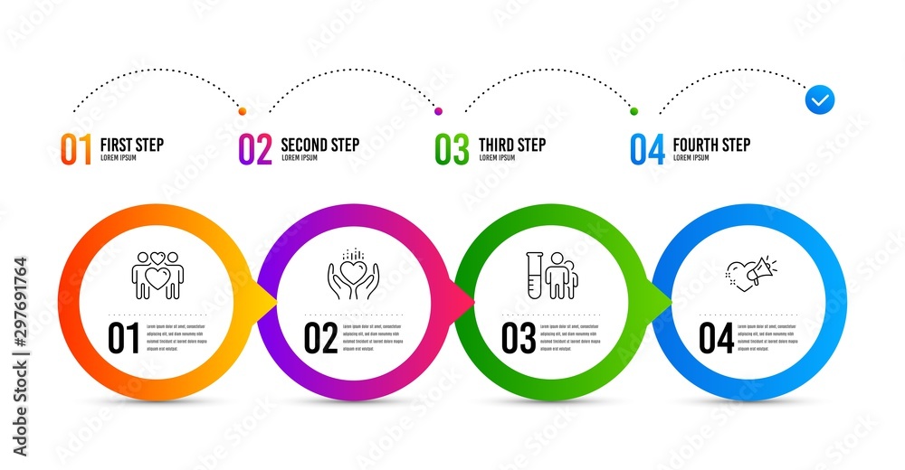 Medical analyzes, Hold heart and Love couple line icons set. Timeline infographic. Love message sign. Medicine results, Lovers, Heart. People set. Medical analyzes icon. Timeline diagram. Vector