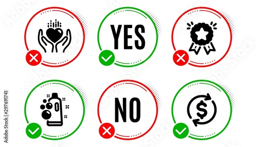 Hold heart, Clean bubbles and Ranking star icons simple set. Yes no check box. Usd exchange sign. Care love, Laundry shampoo, Winner medal. Currency rate. Business set. Hold heart icon. Vector