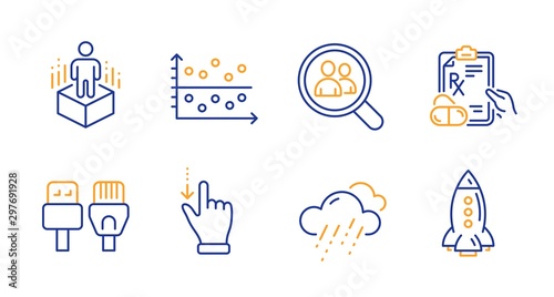 Computer cables, Touchscreen gesture and Dot plot line icons set. Search employees, Prescription drugs and Augmented reality signs. Rainy weather, Rocket symbols. Rj45 internet, Slide down. Vector