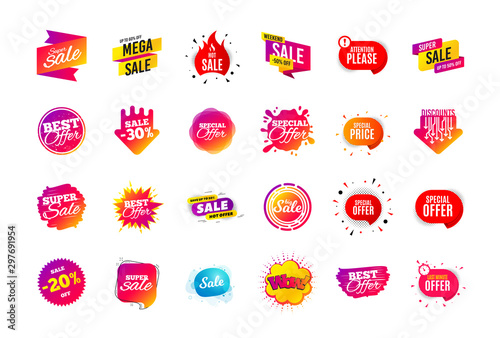 Sale banner badge. Special offer discount tags. Coupon shape templates design. Cyber monday sale discounts. Black friday shopping icons. Best ultimate offer badge. Super discount icons. Vector banners photo
