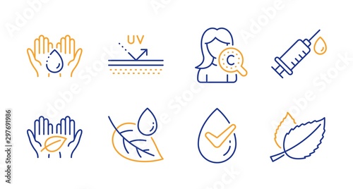 Dermatologically tested, Medical syringe and Leaf dew line icons set. Uv protection, Wash hands and Fair trade signs. Collagen skin, Mint leaves symbols. Organic, Vaccination. Healthcare set. Vector