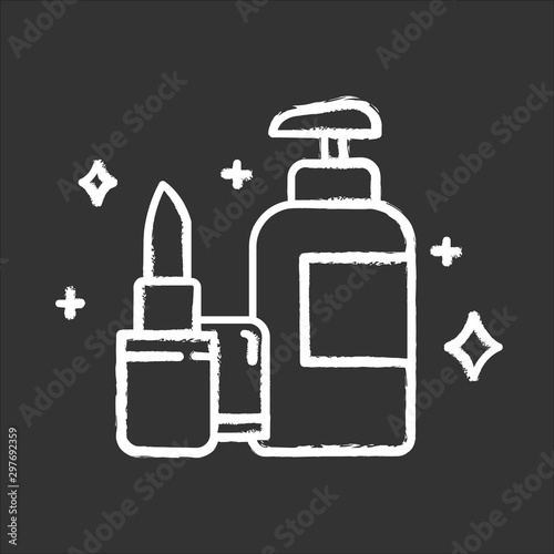 Beauty and personal care chalk icon. Makeup and skincare products. Decorative cosmetics concept. E commerce department, online shopping categories. Isolated vector chalkboard illustration