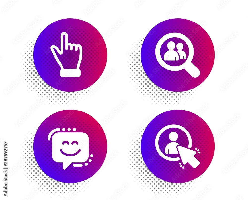 Search employees, Click hand and Smile face icons simple set. Halftone dots button. User sign. Staff analysis, Direction finger, Chat. Project manager. People set. Vector