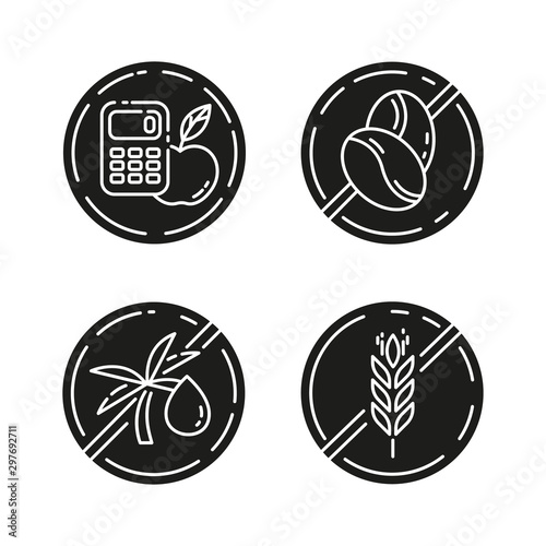 Product free ingredient glyph icons set. No calories  caffeine  palm oil  gluten. Organic food for weight loss. Healthy dietary without allergens. Silhouette symbols. Vector isolated illustration