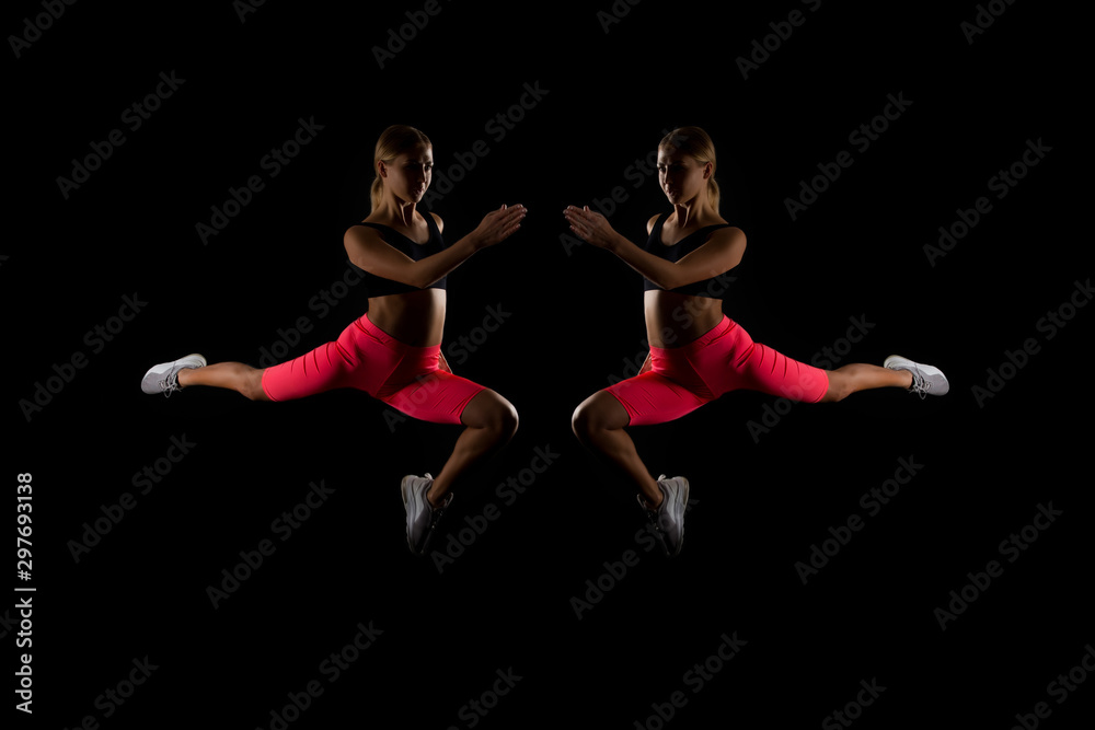 Frozen in motion. Reflection woman athlete run jump fly. How run faster. Speed training guide. Improve run speed. Girl runner on black background. Sport lifestyle and health concept. Start run