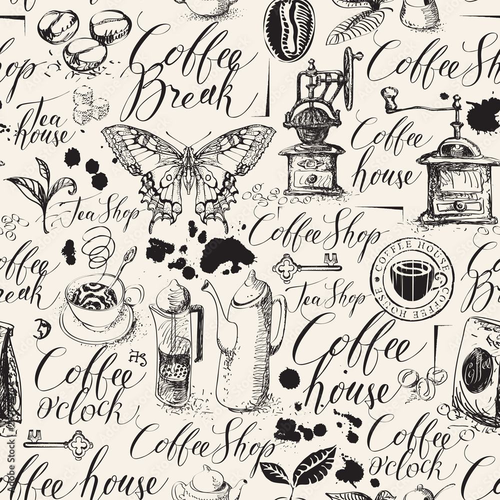 Cute Retro Coffee and Tea, Seamless paper, Seamless background, Digital  pattern