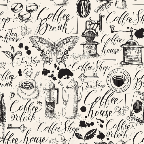 Vector seamless pattern on tea and coffee theme in retro style. Hand-drawn background with kitchen items, butterfly, spots and handwritten inscriptions. Suitable for wallpaper, wrapping paper, fabric