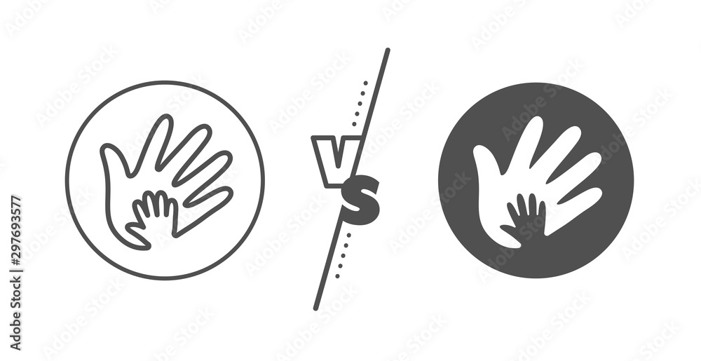 Fototapeta premium Social responsibility sign. Versus concept. Hand line icon. Honesty, collaboration symbol. Line vs classic social responsibility icon. Vector