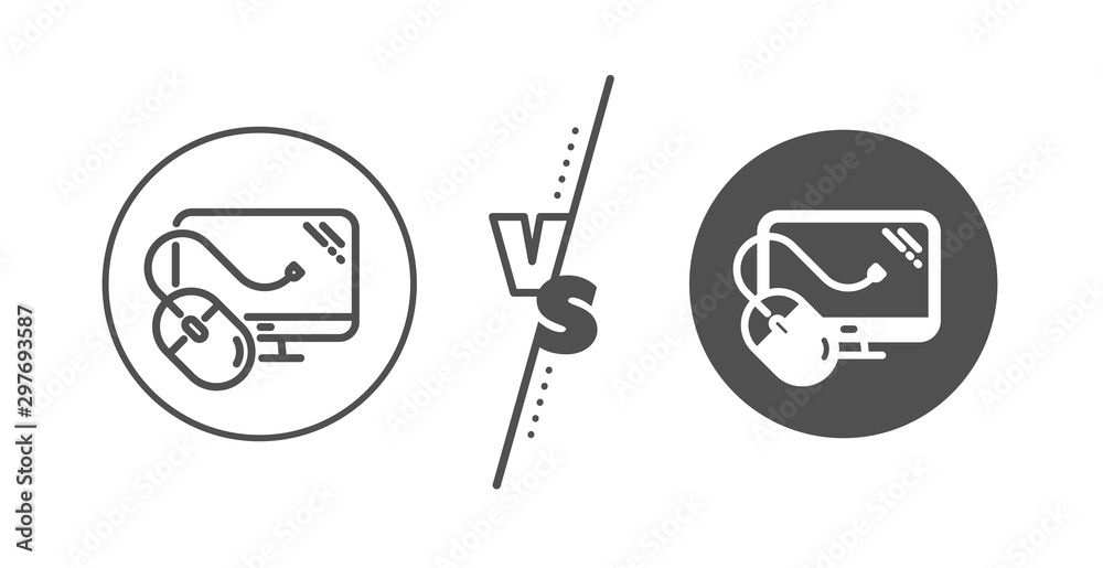PC mouse component sign. Versus concept. Computer line icon. Monitor symbol. Line vs classic computer mouse icon. Vector