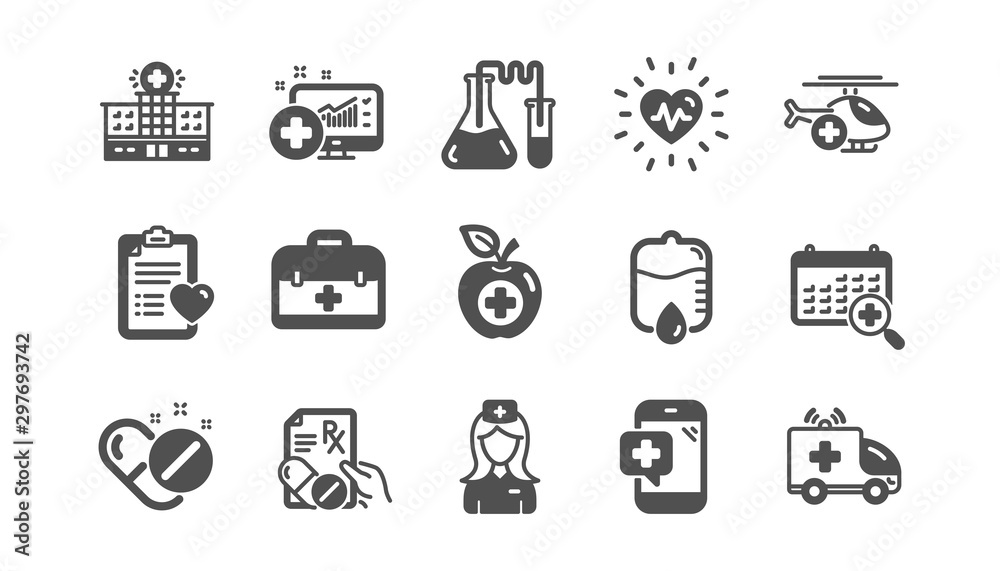 Medical icons. Hospital assistance, Health food diet and Laboratory. Chemistry classic icon set. Quality set. Vector
