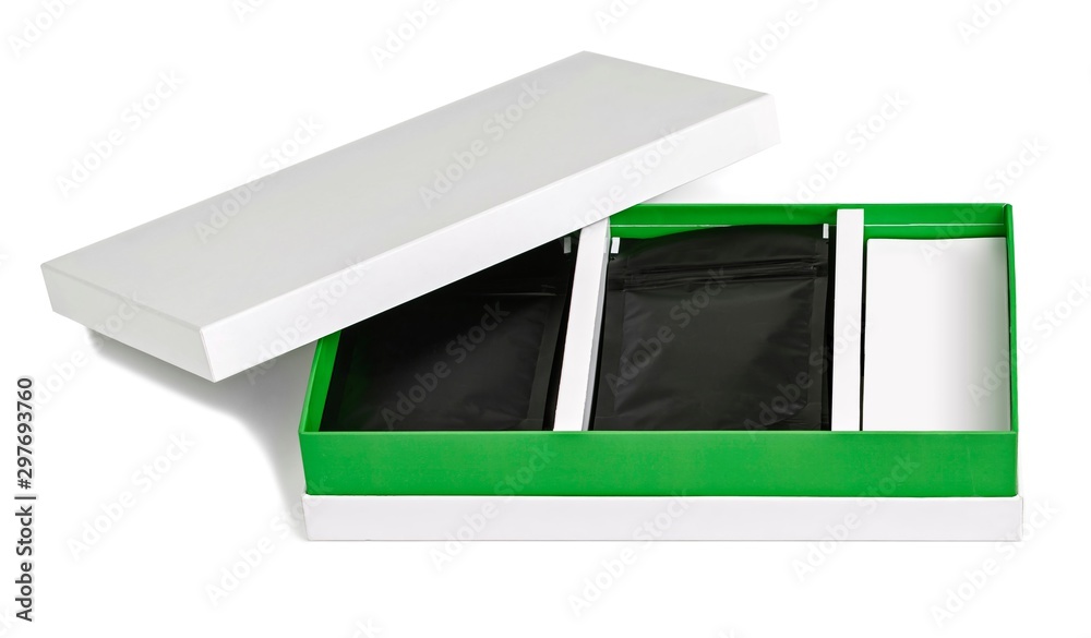 Box packaging with open lid and blank black sachet packets. 3d illustration Box packaging with open lid and blank black sachet packets. 3d illustration