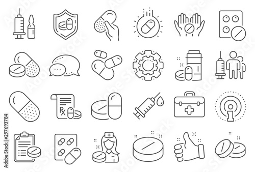 Medical drugs line icons. Healthcare, Prescription and Pill signs. Pharmacy drugs, medical nurse, recipe pill icons. Antibiotic capsule, syringe vaccination, medicine cure. Line signs set. Vector